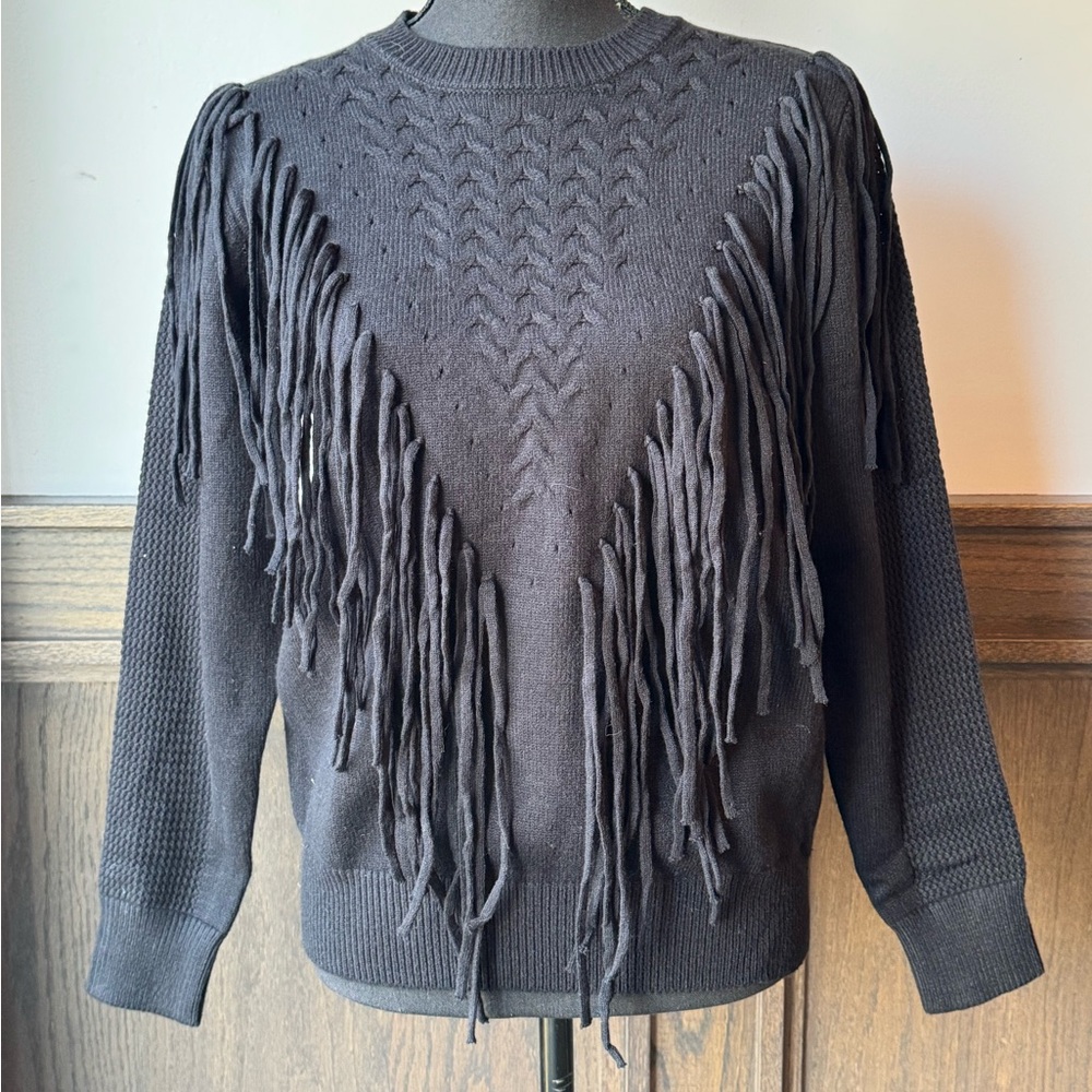 Black Boho Western Fringed Crewneck Sweater Medium